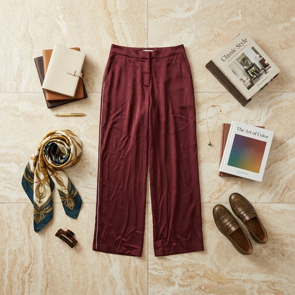Rachel Zoe Burgundy Satin Wide Leg Trousers Rhinestone Trim Size 10